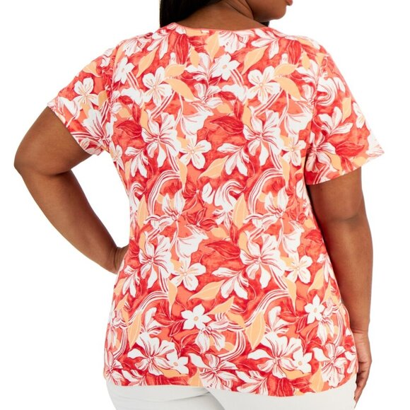 Karen Scott Plus Size 3X Pink & Orange Floral Scoop-Neck Short-Sleeve Top NWT - Picture 3 of 6